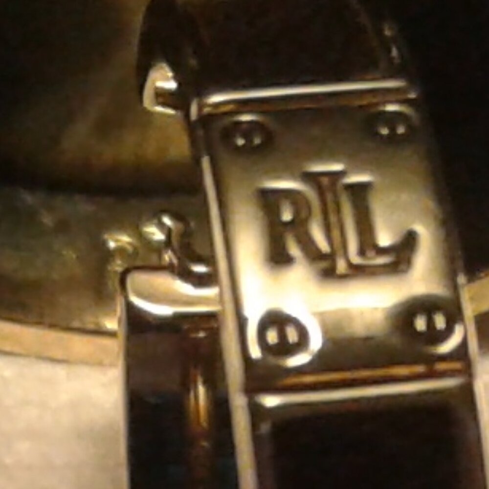 Very Rare! Ralph Lauren Faux-leather Brown-inset & Gold-tone"RLL" Hoop Earrings